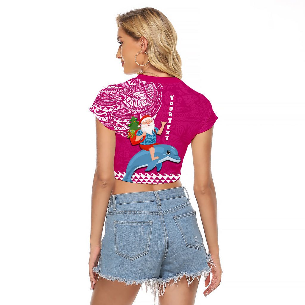 Custom Hawaii Mele Kalikimaka Raglan Cropped T Shirt Santa Riding The DolPhin Mix Kakau Pattern Pink Style LT03 - Polynesian Pride
