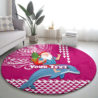 Custom Hawaii Mele Kalikimaka Round Carpet Santa Riding The DolPhin Mix Kakau Pattern Pink Style LT03 - Polynesian Pride