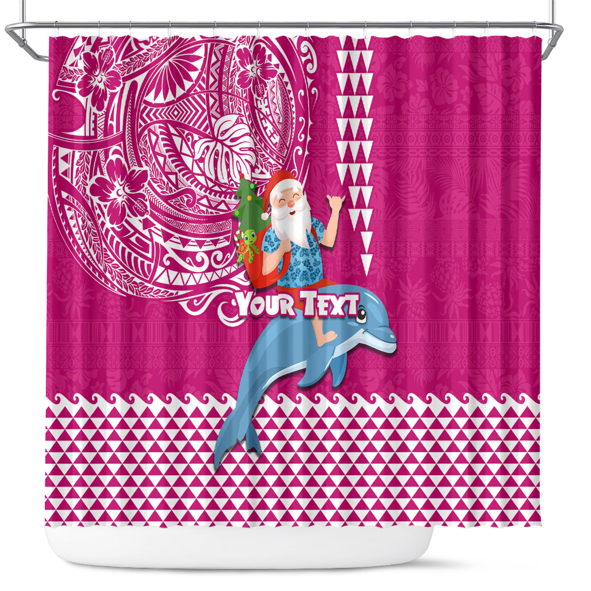 Custom Hawaii Mele Kalikimaka Shower Curtain Santa Riding The DolPhin Mix Kakau Pattern Pink Style LT03 Pink - Polynesian Pride