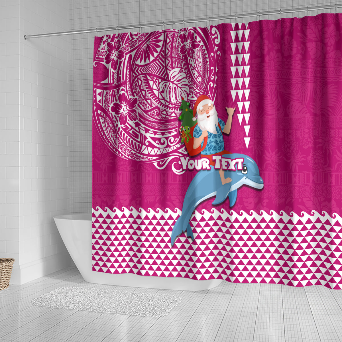 Custom Hawaii Mele Kalikimaka Shower Curtain Santa Riding The DolPhin Mix Kakau Pattern Pink Style LT03 - Polynesian Pride