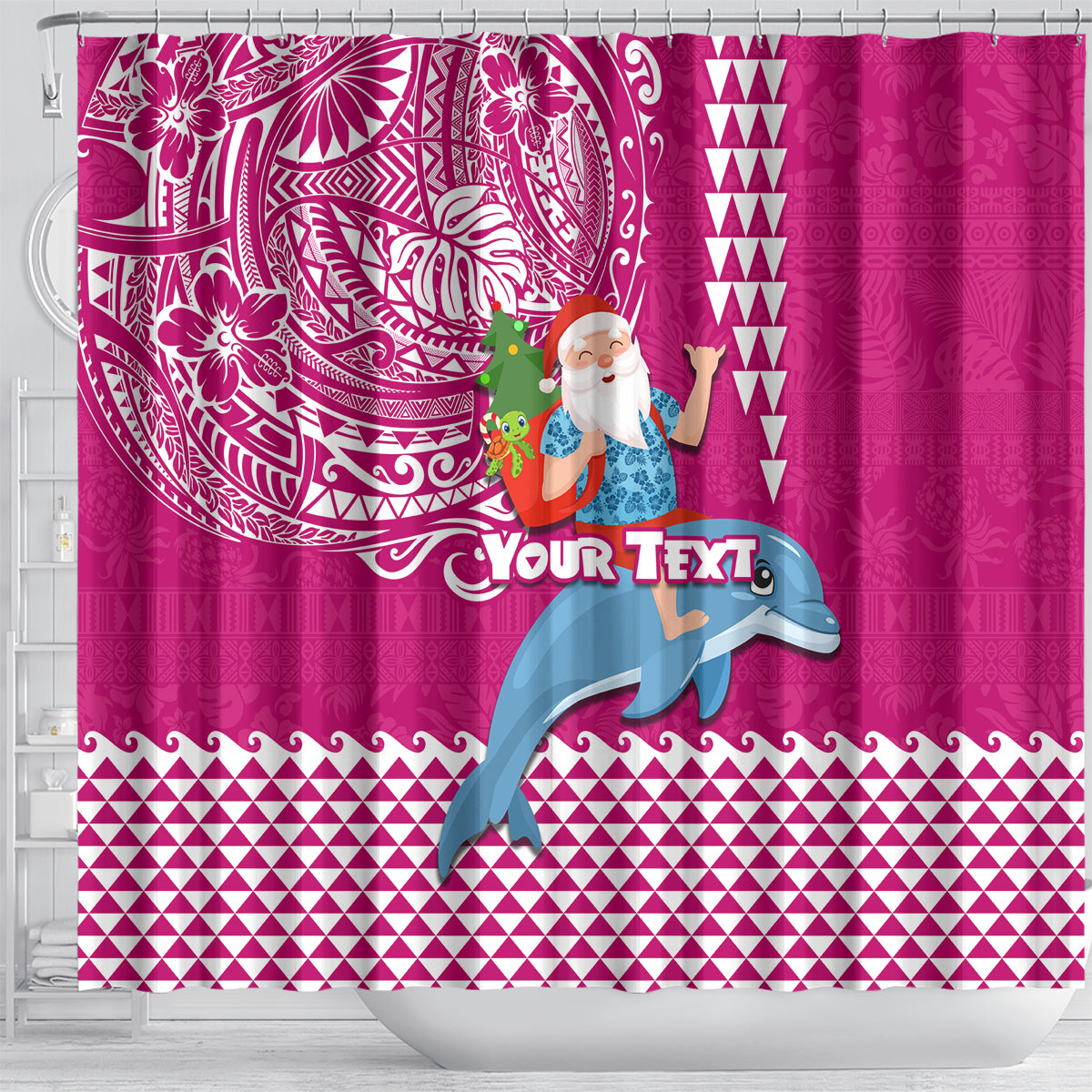 Custom Hawaii Mele Kalikimaka Shower Curtain Santa Riding The DolPhin Mix Kakau Pattern Pink Style LT03 - Polynesian Pride