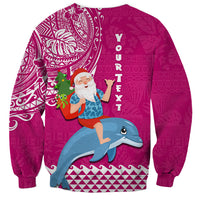 Custom Hawaii Mele Kalikimaka Sweatshirt Santa Riding The DolPhin Mix Kakau Pattern Pink Style LT03 - Polynesian Pride