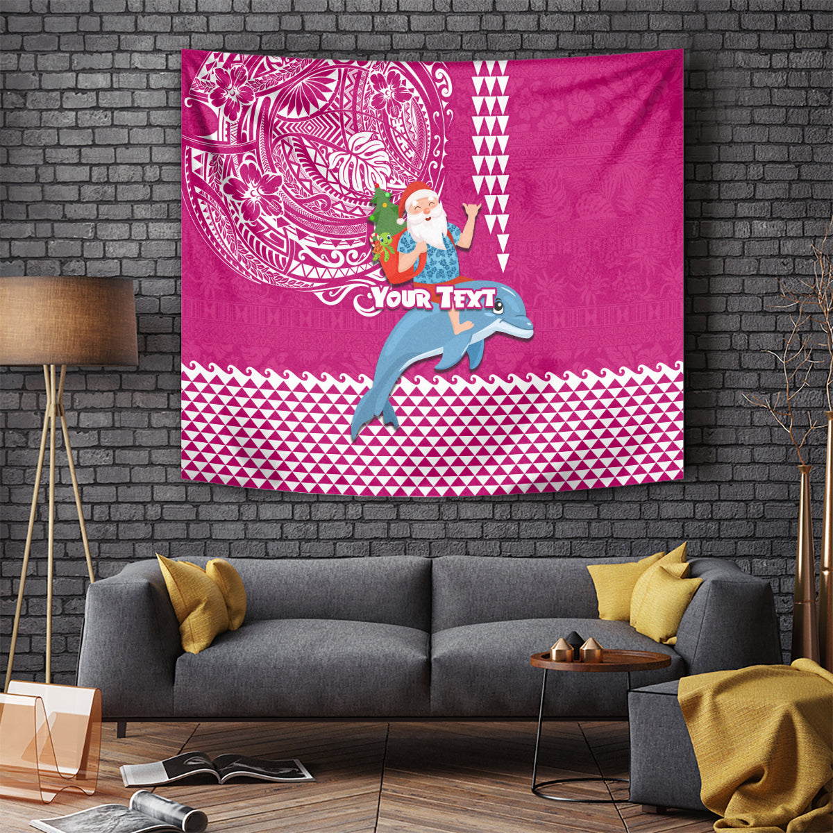 Custom Hawaii Mele Kalikimaka Tapestry Santa Riding The DolPhin Mix Kakau Pattern Pink Style LT03 Pink - Polynesian Pride