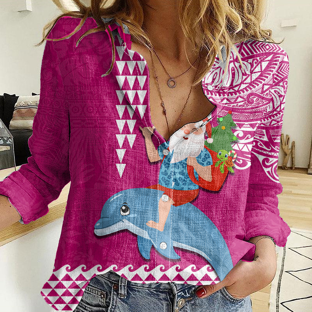 Custom Hawaii Mele Kalikimaka Women Casual Shirt Santa Riding The DolPhin Mix Kakau Pattern Pink Style LT03 Female Pink - Polynesian Pride