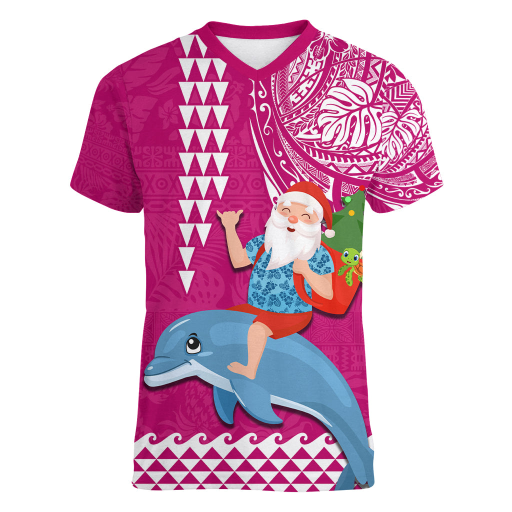 Custom Hawaii Mele Kalikimaka Women V Neck T Shirt Santa Riding The DolPhin Mix Kakau Pattern Pink Style LT03 Female Pink - Polynesian Pride