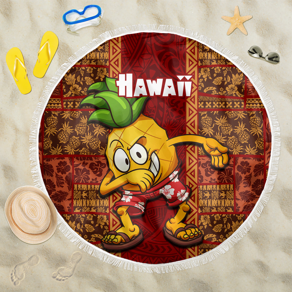 Hawaii Beach Blanket Aloha Funny Pineapple Mix Kakau Hawaiian Tribal LT03 One Size 150cm Red - Polynesian Pride