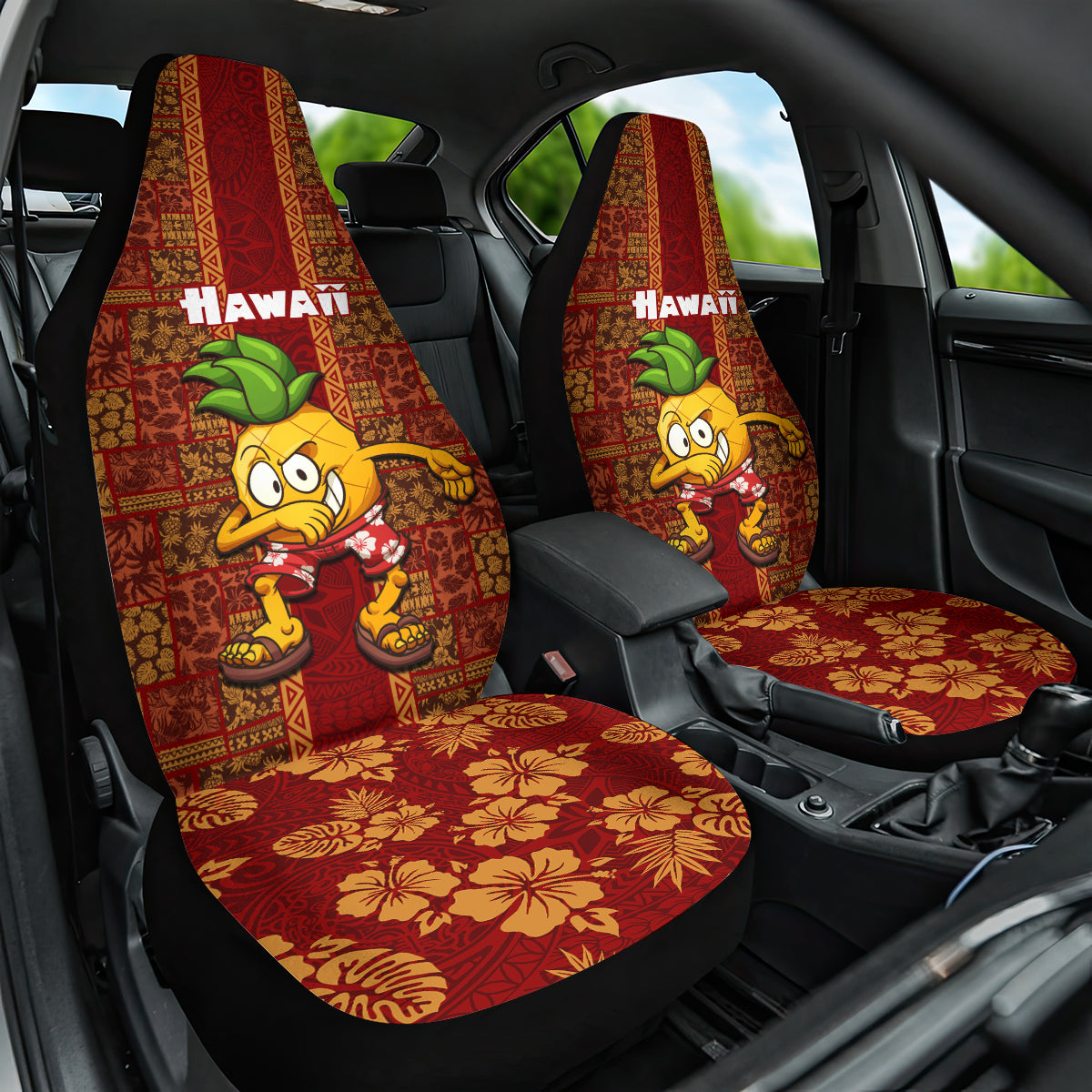 Hawaii Car Seat Cover Aloha Funny Pineapple Mix Kakau Hawaiian Tribal LT03 One Size Red - Polynesian Pride