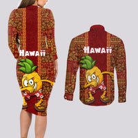 Hawaii Couples Matching Long Sleeve Bodycon Dress and Long Sleeve Button Shirt Aloha Funny Pineapple Mix Kakau Hawaiian Tribal LT03 - Polynesian Pride