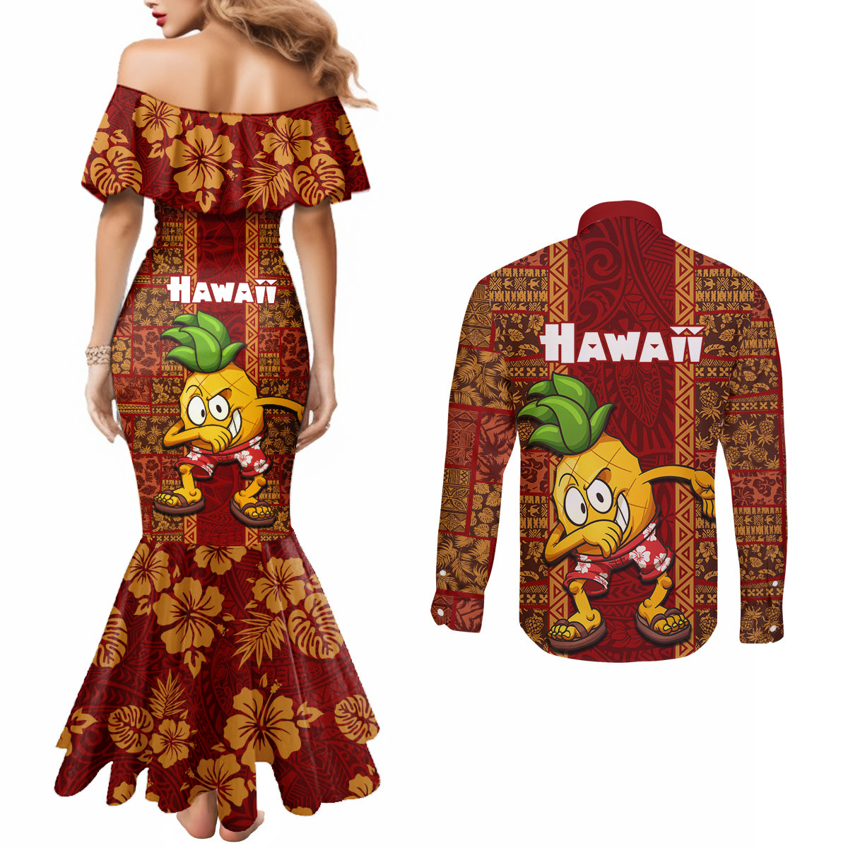 Hawaii Couples Matching Mermaid Dress and Long Sleeve Button Shirt Aloha Funny Pineapple Mix Kakau Hawaiian Tribal LT03 - Polynesian Pride