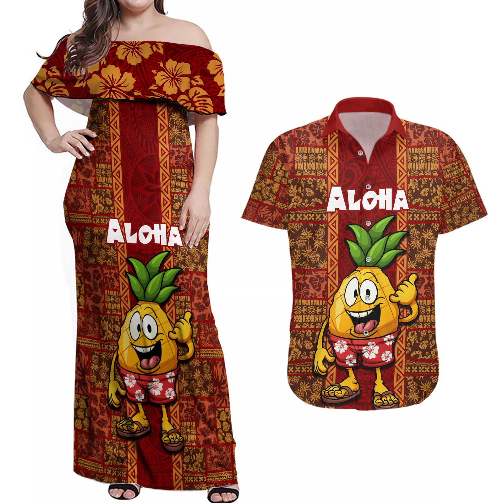 Hawaii Couples Matching Off Shoulder Maxi Dress and Hawaiian Shirt Aloha Funny Pineapple Mix Kakau Hawaiian Tribal LT03 Red - Polynesian Pride