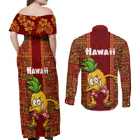 Hawaii Couples Matching Off Shoulder Maxi Dress and Long Sleeve Button Shirt Aloha Funny Pineapple Mix Kakau Hawaiian Tribal LT03 - Polynesian Pride
