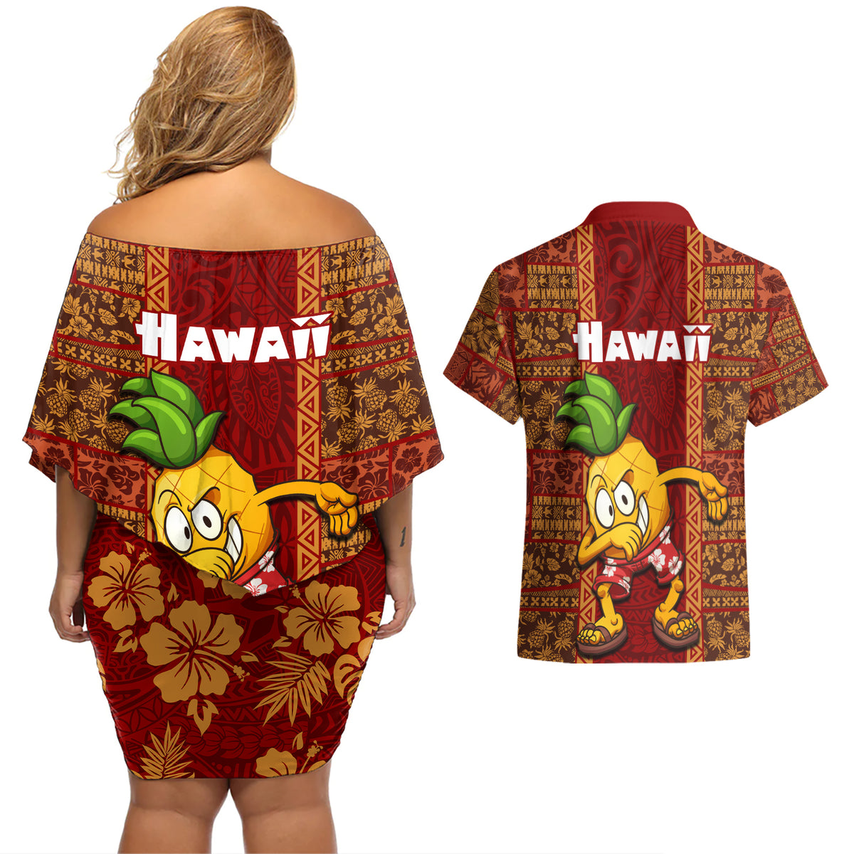Hawaii Couples Matching Off Shoulder Short Dress and Hawaiian Shirt Aloha Funny Pineapple Mix Kakau Hawaiian Tribal LT03 - Polynesian Pride