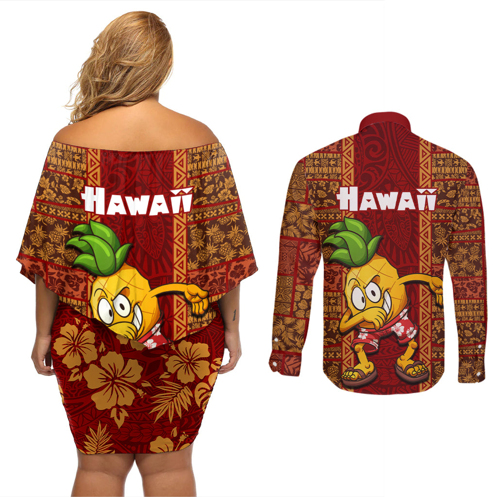Hawaii Couples Matching Off Shoulder Short Dress and Long Sleeve Button Shirt Aloha Funny Pineapple Mix Kakau Hawaiian Tribal LT03 - Polynesian Pride