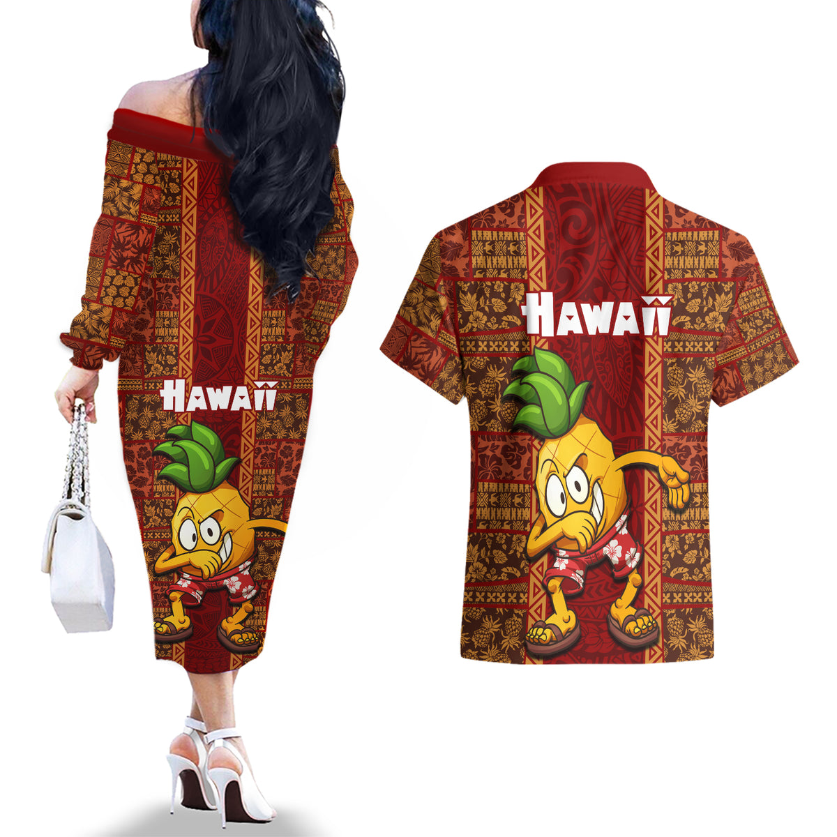 Hawaii Couples Matching Off The Shoulder Long Sleeve Dress and Hawaiian Shirt Aloha Funny Pineapple Mix Kakau Hawaiian Tribal LT03 - Polynesian Pride