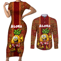Hawaii Couples Matching Short Sleeve Bodycon Dress and Long Sleeve Button Shirt Aloha Funny Pineapple Mix Kakau Hawaiian Tribal LT03 Red - Polynesian Pride