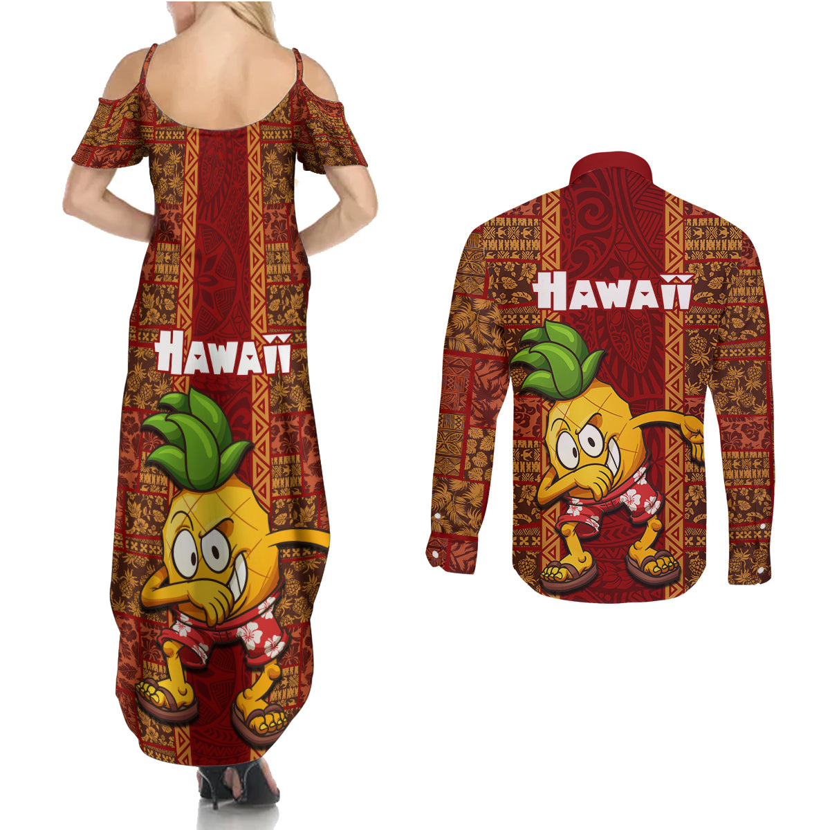 Hawaii Couples Matching Summer Maxi Dress and Long Sleeve Button Shirt Aloha Funny Pineapple Mix Kakau Hawaiian Tribal LT03 - Polynesian Pride