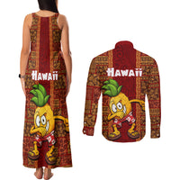 Hawaii Couples Matching Tank Maxi Dress and Long Sleeve Button Shirt Aloha Funny Pineapple Mix Kakau Hawaiian Tribal LT03 - Polynesian Pride