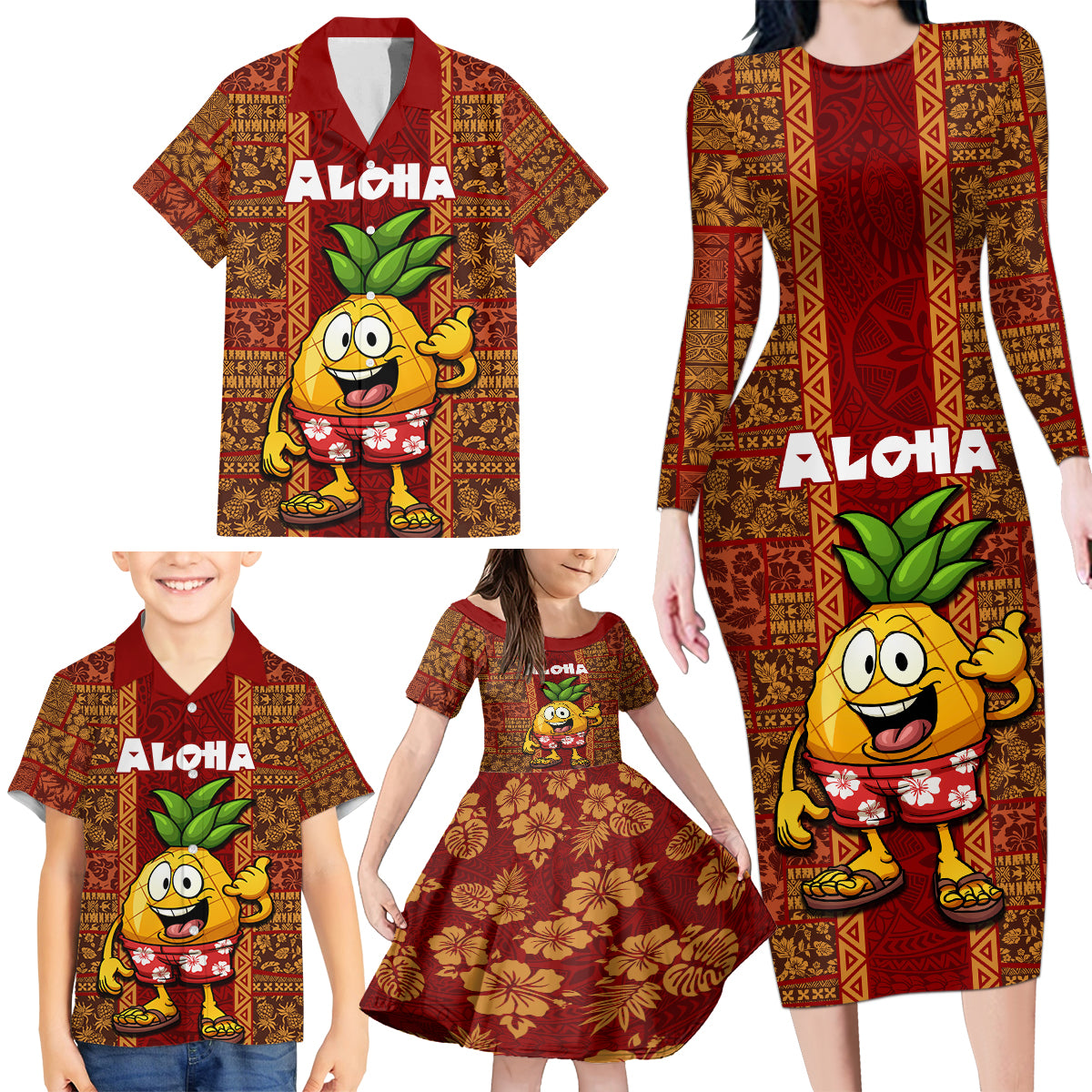 Hawaii Family Matching Long Sleeve Bodycon Dress and Hawaiian Shirt Aloha Funny Pineapple Mix Kakau Hawaiian Tribal LT03 - Polynesian Pride