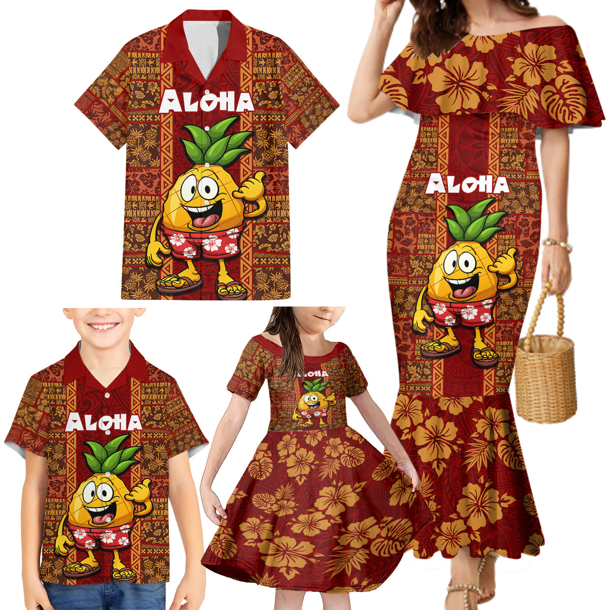 Hawaii Family Matching Mermaid Dress and Hawaiian Shirt Aloha Funny Pineapple Mix Kakau Hawaiian Tribal LT03 - Polynesian Pride