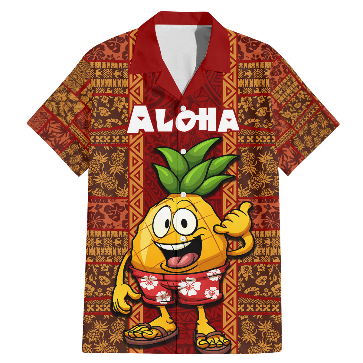 Hawaii Family Matching Mermaid Dress and Hawaiian Shirt Aloha Funny Pineapple Mix Kakau Hawaiian Tribal LT03 Dad's Shirt - Short Sleeve Red - Polynesian Pride