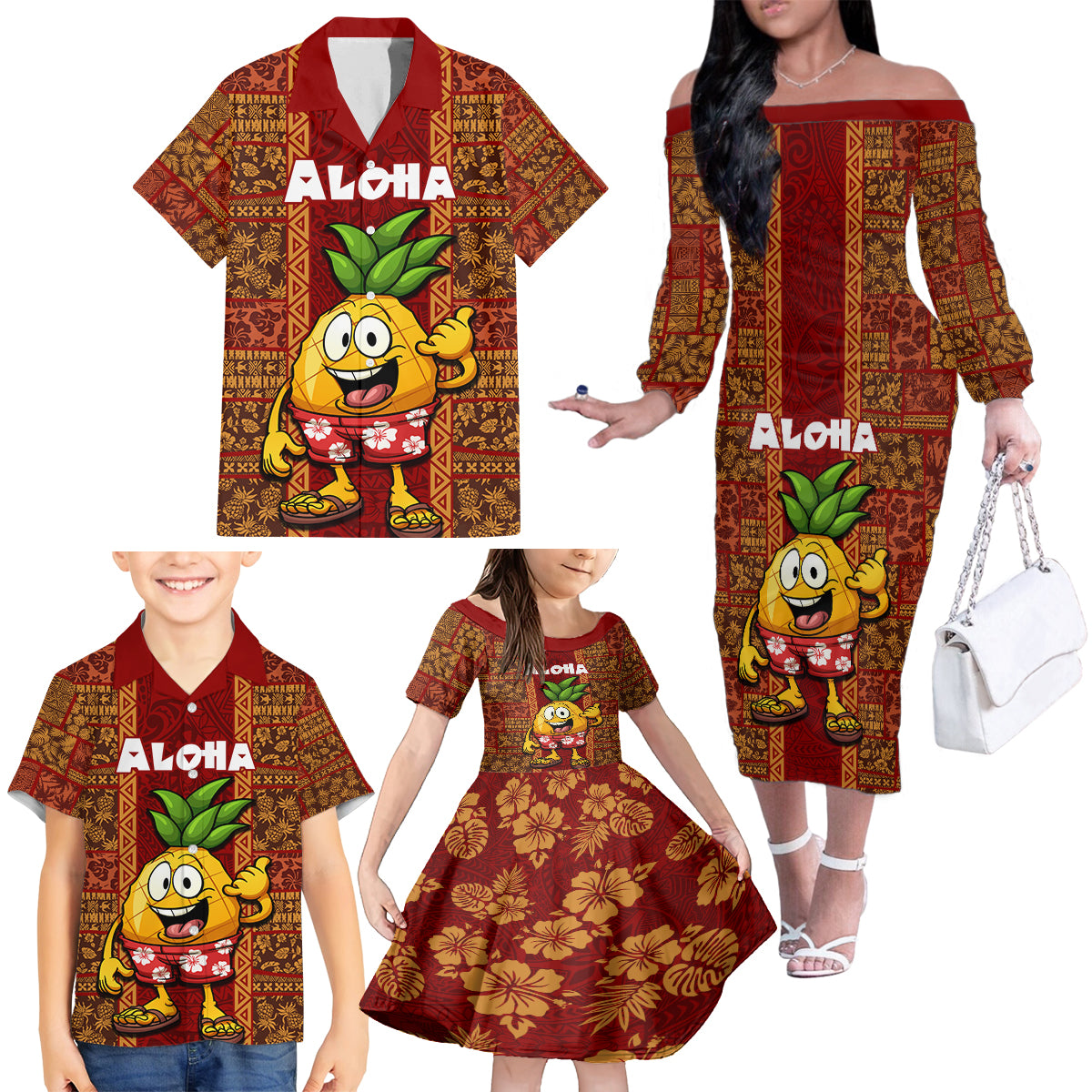 Hawaii Family Matching Off Shoulder Long Sleeve Dress and Hawaiian Shirt Aloha Funny Pineapple Mix Kakau Hawaiian Tribal LT03 - Polynesian Pride