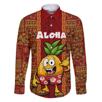 Hawaii Family Matching Puletasi Dress and Hawaiian Shirt Aloha Funny Pineapple Mix Kakau Hawaiian Tribal LT03 Dad's Shirt - Long Sleeve Red - Polynesian Pride