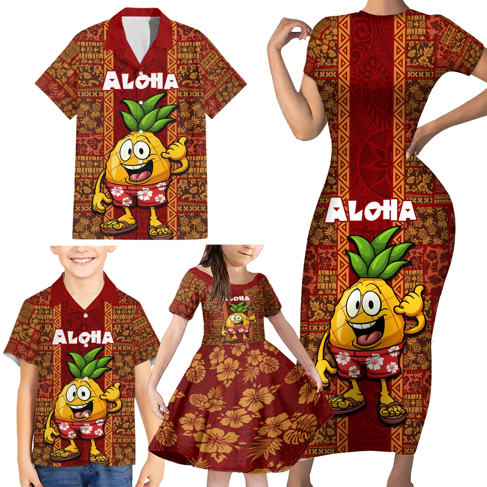 Hawaii Family Matching Short Sleeve Bodycon Dress and Hawaiian Shirt Aloha Funny Pineapple Mix Kakau Hawaiian Tribal LT03 - Polynesian Pride