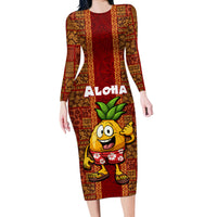 Hawaii Long Sleeve Bodycon Dress Aloha Funny Pineapple Mix Kakau Hawaiian Tribal LT03 Long Dress Red - Polynesian Pride