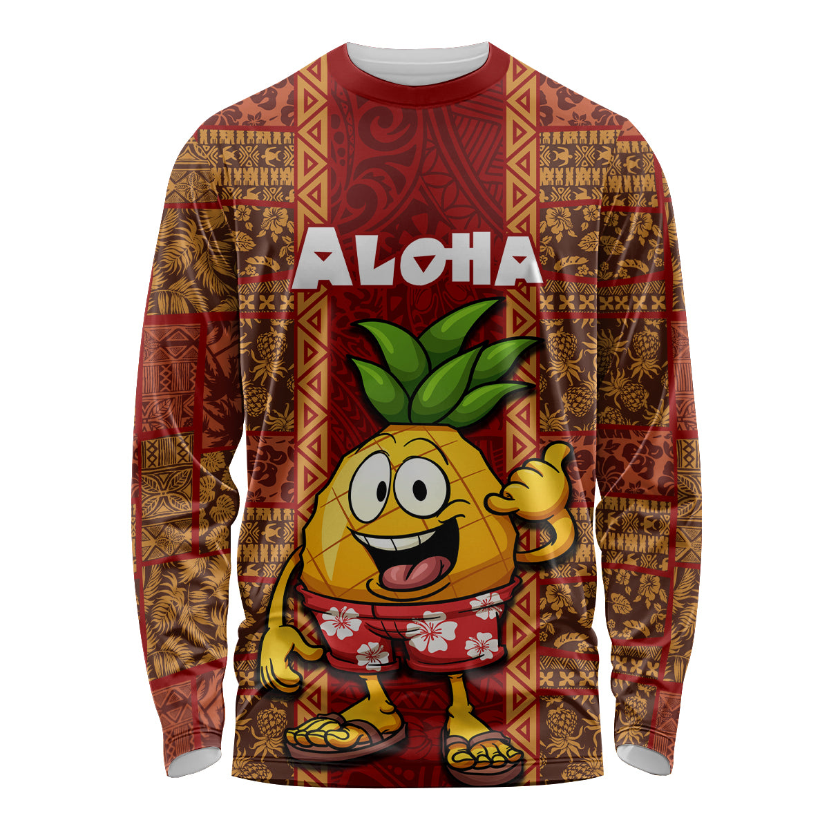 Hawaii Long Sleeve Shirt Aloha Funny Pineapple Mix Kakau Hawaiian Tribal LT03 Unisex Red - Polynesian Pride