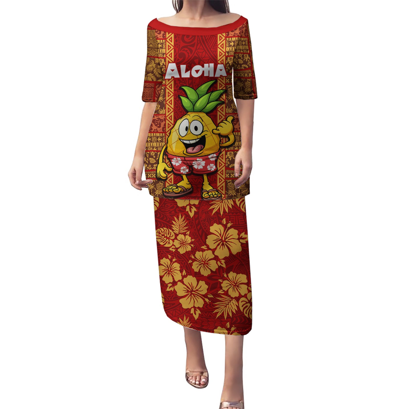 Hawaii Puletasi Aloha Funny Pineapple Mix Kakau Hawaiian Tribal LT03 Long Dress Red - Polynesian Pride