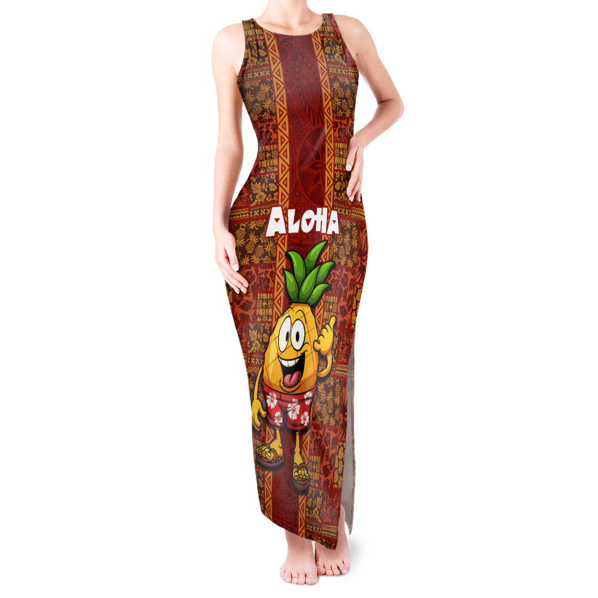 Hawaii Tank Maxi Dress Aloha Funny Pineapple Mix Kakau Hawaiian Tribal LT03 Women Red - Polynesian Pride