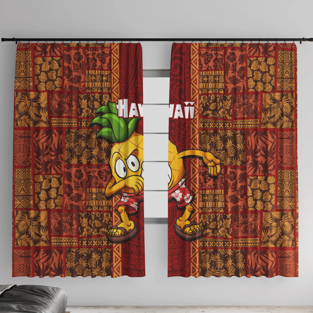 Hawaii Window Curtain Aloha Funny Pineapple Mix Kakau Hawaiian Tribal LT03 With Hooks Red - Polynesian Pride