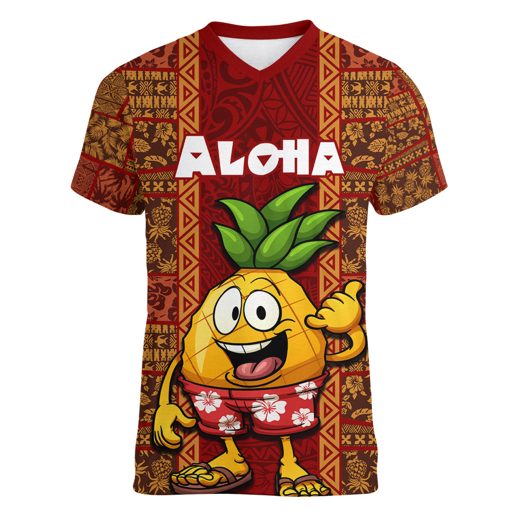 Hawaii Women V Neck T Shirt Aloha Funny Pineapple Mix Kakau Hawaiian Tribal LT03 Female Red - Polynesian Pride