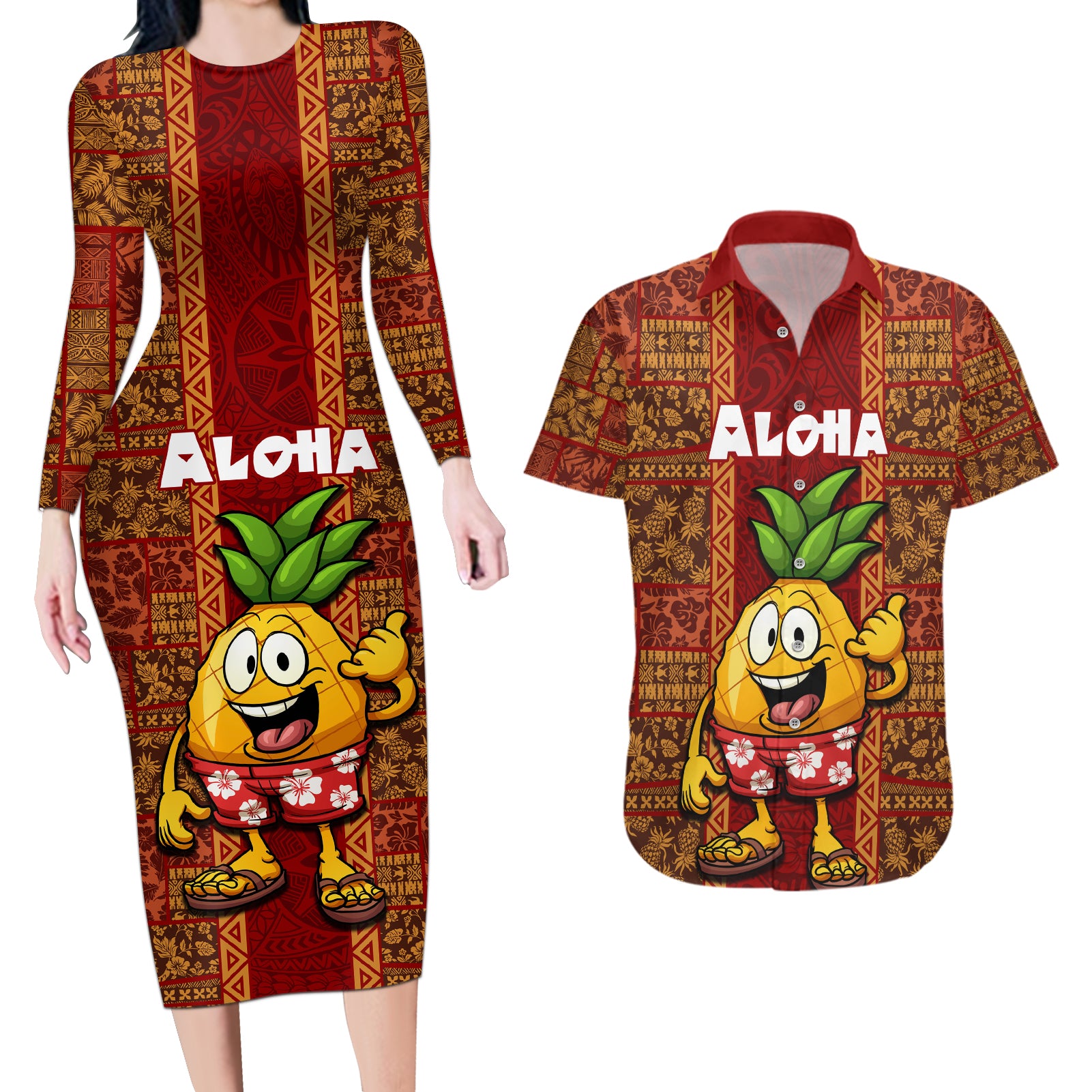 Custom Hawaii Couples Matching Long Sleeve Bodycon Dress and Hawaiian Shirt Aloha Funny Pineapple Mix Kakau Hawaiian Tribal LT03 Red - Polynesian Pride