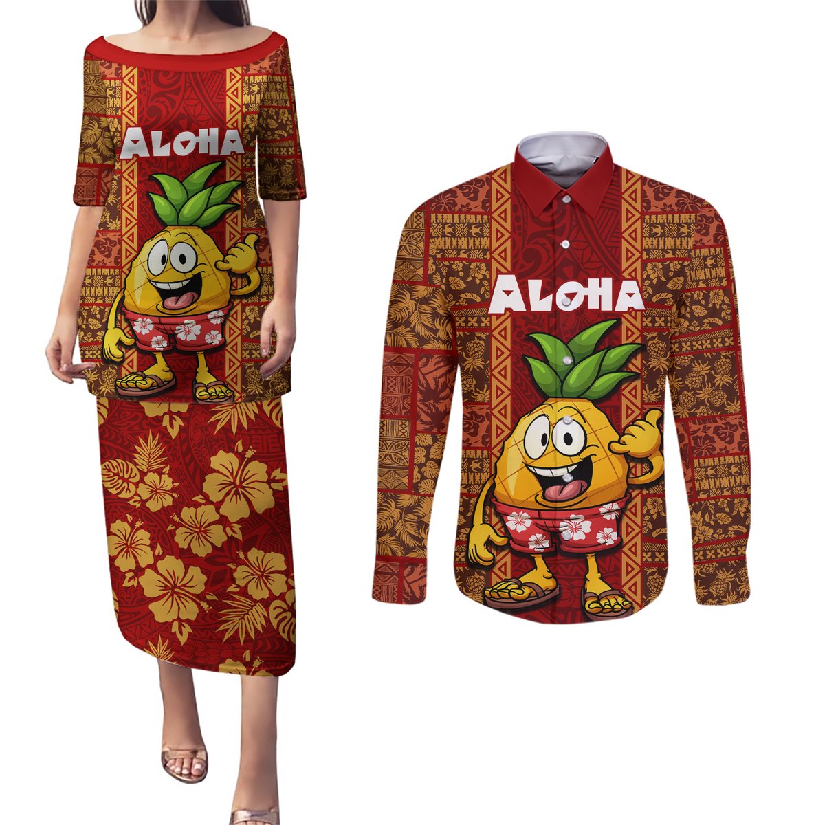 Custom Hawaii Couples Matching Puletasi Dress and Long Sleeve Button Shirt Aloha Funny Pineapple Mix Kakau Hawaiian Tribal LT03 Red - Polynesian Pride