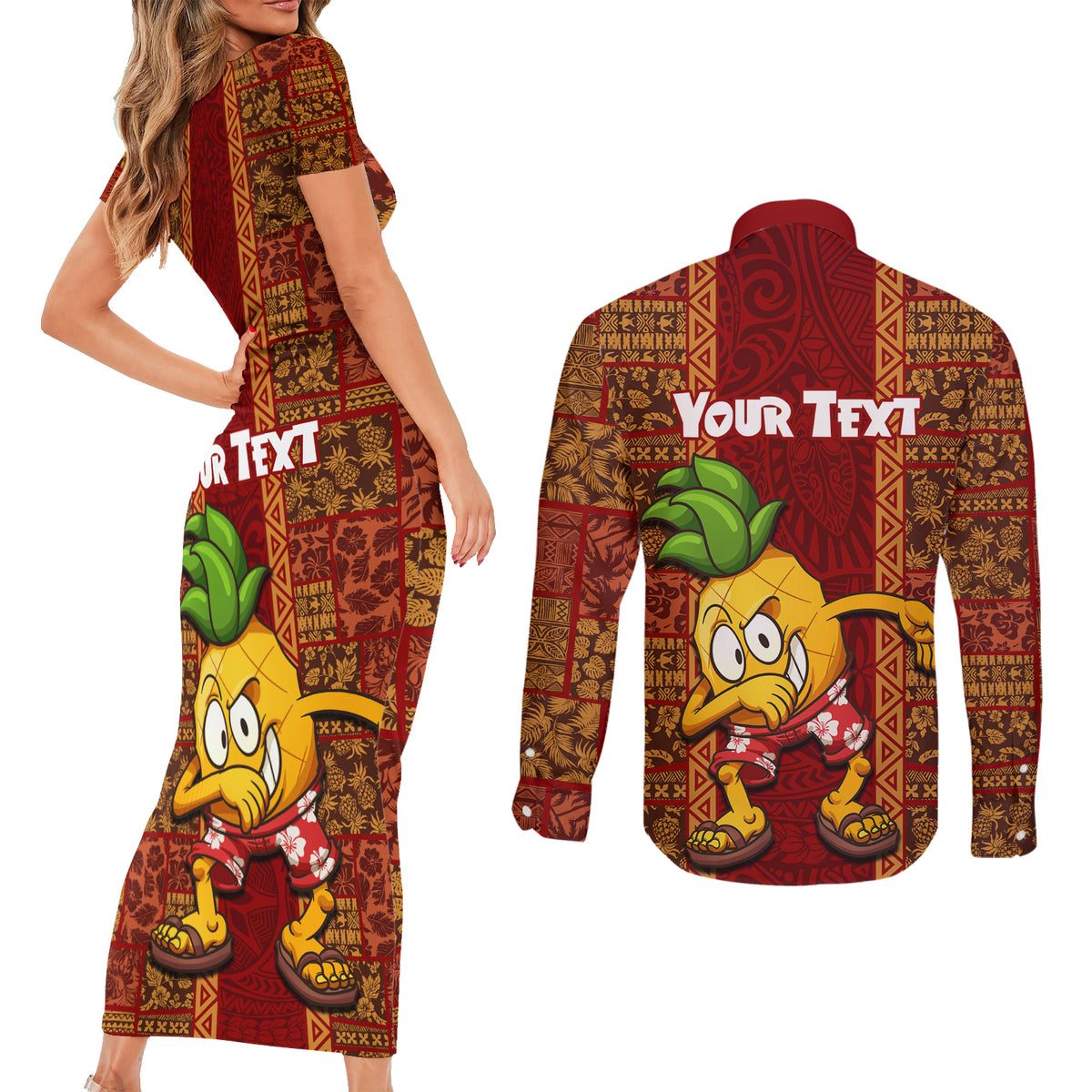 Custom Hawaii Couples Matching Short Sleeve Bodycon Dress and Long Sleeve Button Shirt Aloha Funny Pineapple Mix Kakau Hawaiian Tribal LT03 - Polynesian Pride