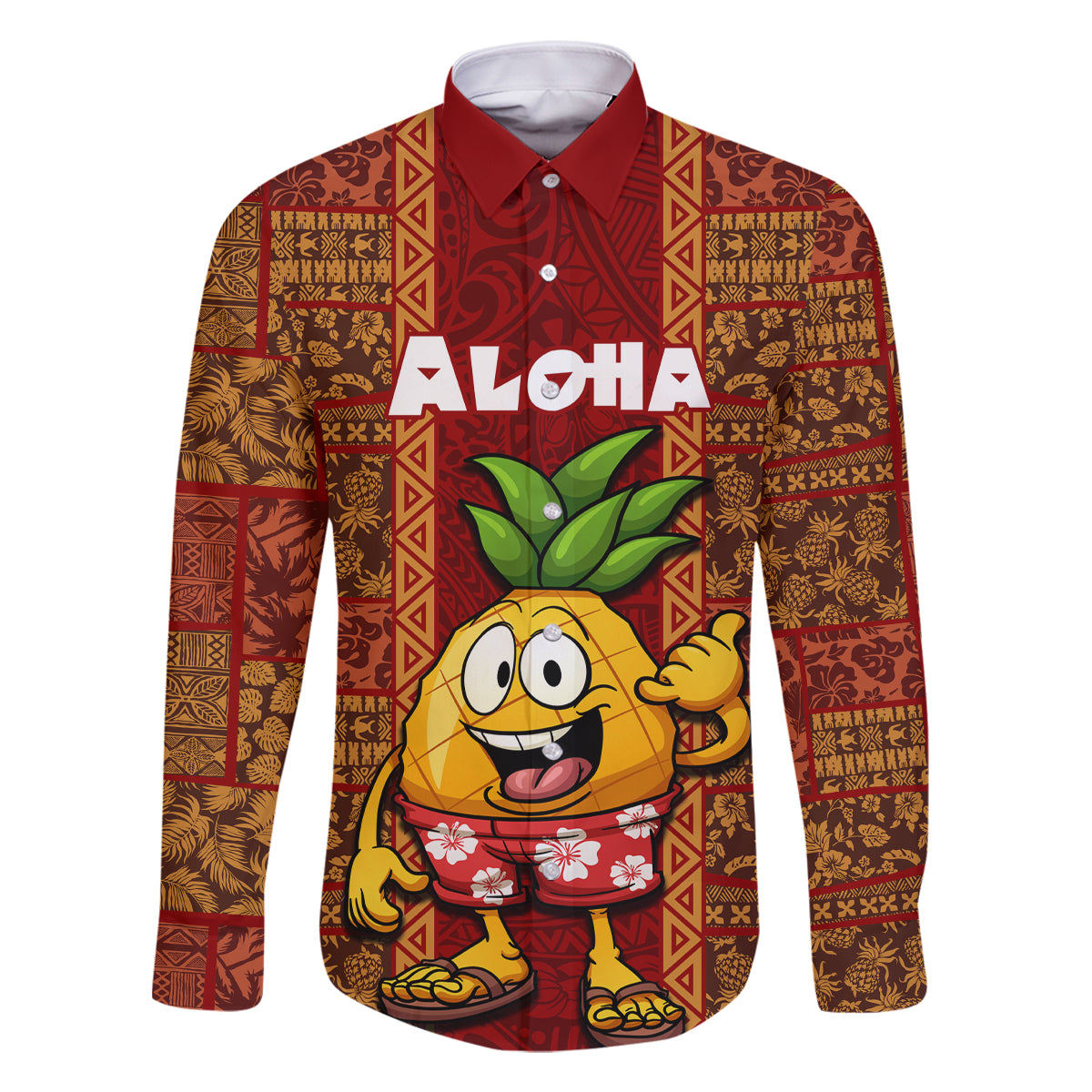 Custom Hawaii Family Matching Off Shoulder Long Sleeve Dress and Hawaiian Shirt Aloha Funny Pineapple Mix Kakau Hawaiian Tribal LT03 Dad's Shirt - Long Sleeve Red - Polynesian Pride