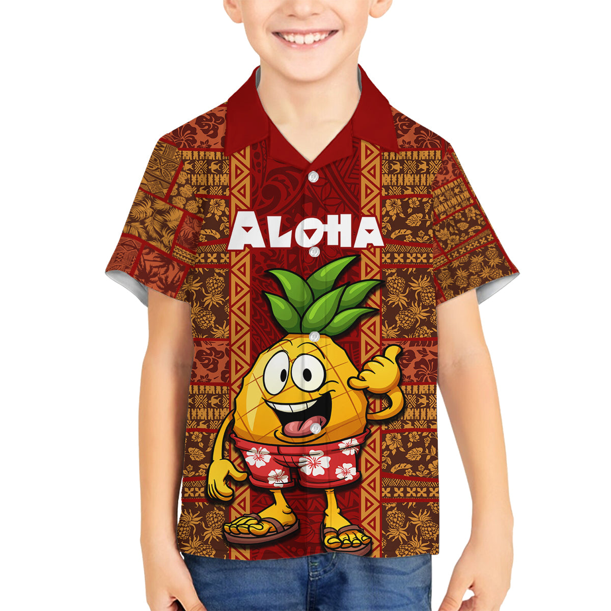Custom Hawaii Family Matching Off Shoulder Maxi Dress and Hawaiian Shirt Aloha Funny Pineapple Mix Kakau Hawaiian Tribal LT03 Son's Shirt Red - Polynesian Pride