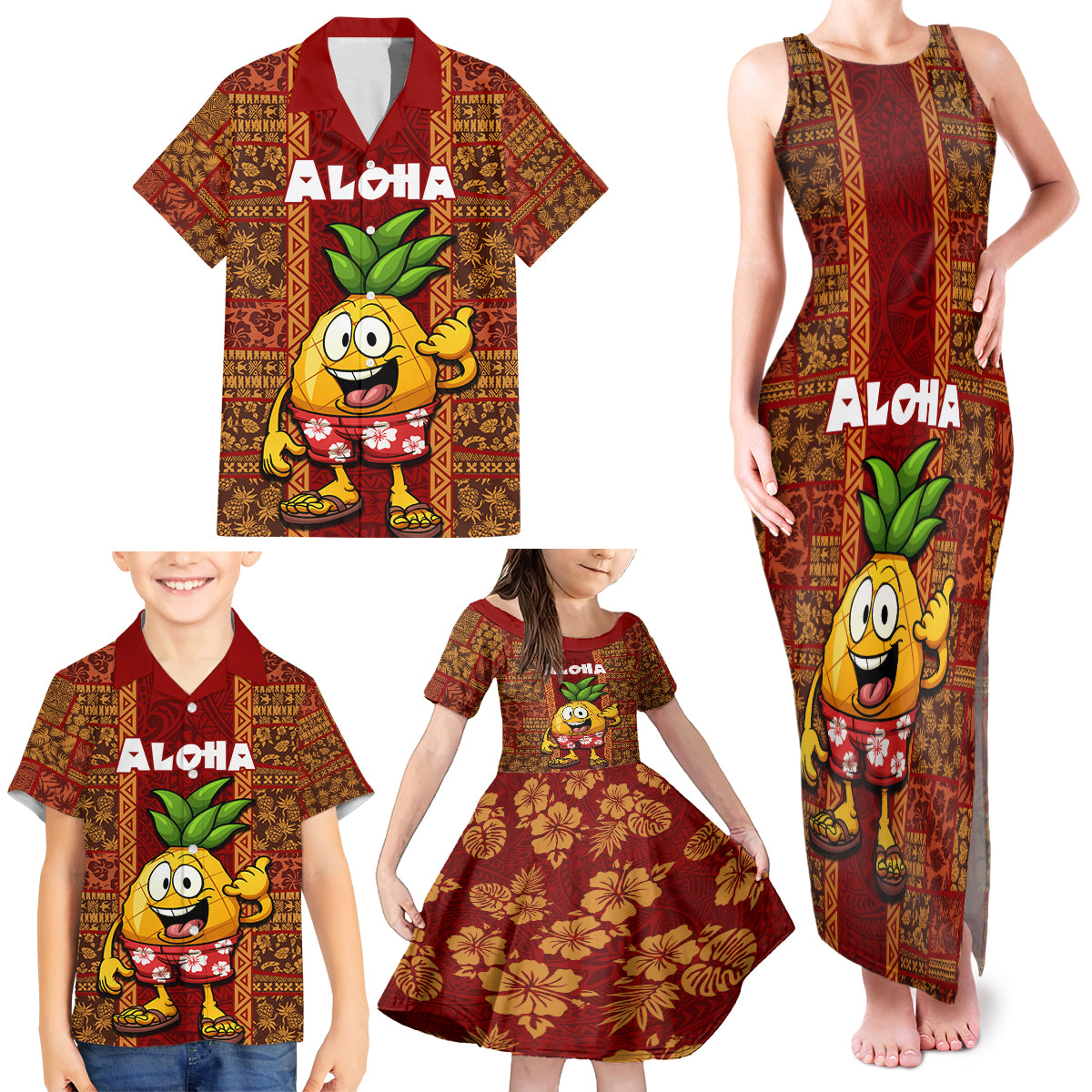 Custom Hawaii Family Matching Tank Maxi Dress and Hawaiian Shirt Aloha Funny Pineapple Mix Kakau Hawaiian Tribal LT03 - Polynesian Pride