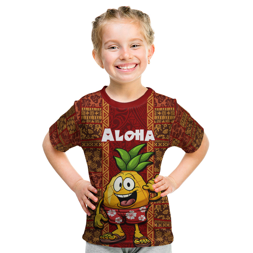 Custom Hawaii Kid T Shirt Aloha Funny Pineapple Mix Kakau Hawaiian Tribal LT03 Red - Polynesian Pride