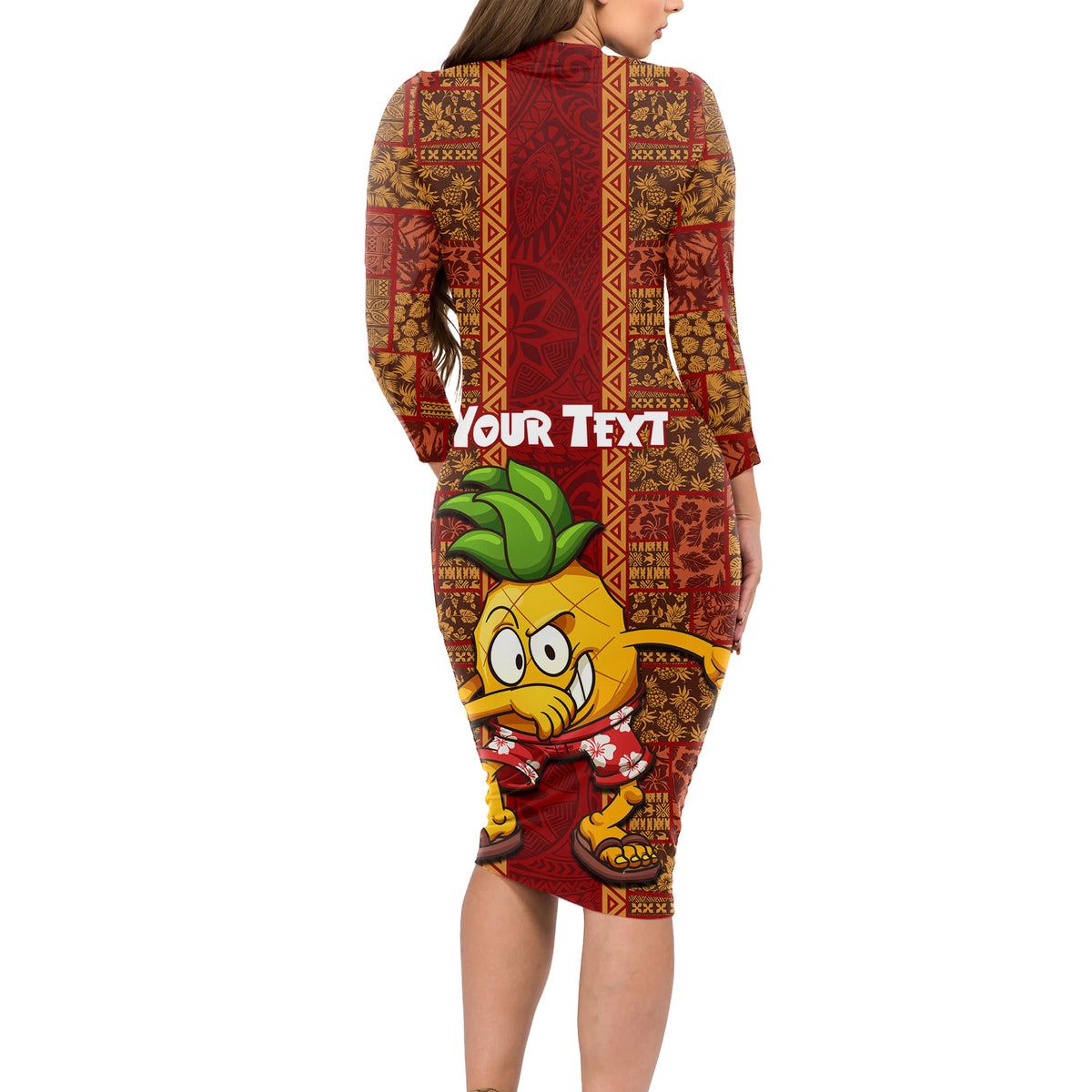 Custom Hawaii Long Sleeve Bodycon Dress Aloha Funny Pineapple Mix Kakau Hawaiian Tribal LT03 - Polynesian Pride