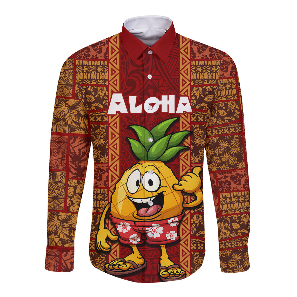 Custom Hawaii Long Sleeve Button Shirt Aloha Funny Pineapple Mix Kakau Hawaiian Tribal LT03 Unisex Red - Polynesian Pride