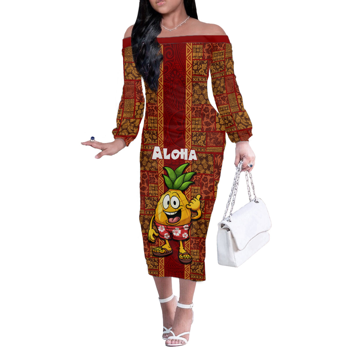 Custom Hawaii Off The Shoulder Long Sleeve Dress Aloha Funny Pineapple Mix Kakau Hawaiian Tribal LT03 Women Red - Polynesian Pride