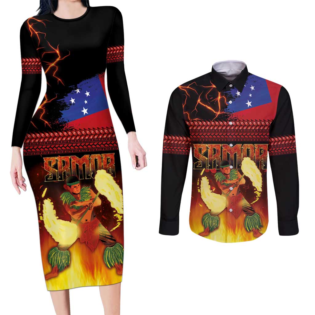 Samoan Siva Afi Couples Matching Long Sleeve Bodycon Dress and Long Sleeve Button Shirt Tribal Performers of Samoan Fire Knife Dancing