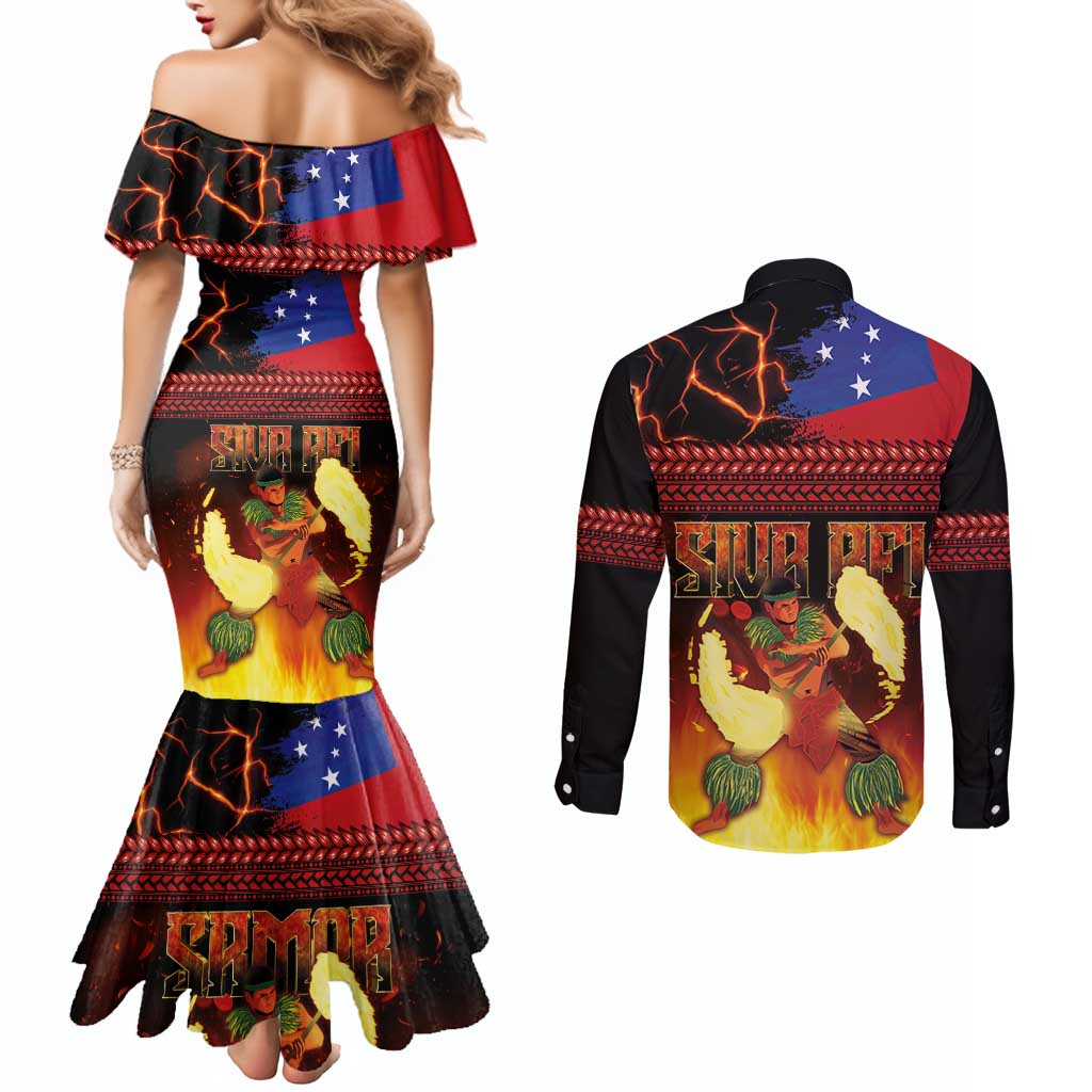Samoan Siva Afi Couples Matching Mermaid Dress and Long Sleeve Button Shirt Tribal Performers of Samoan Fire Knife Dancing