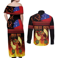 Samoan Siva Afi Couples Matching Off Shoulder Maxi Dress and Long Sleeve Button Shirt Tribal Performers of Samoan Fire Knife Dancing