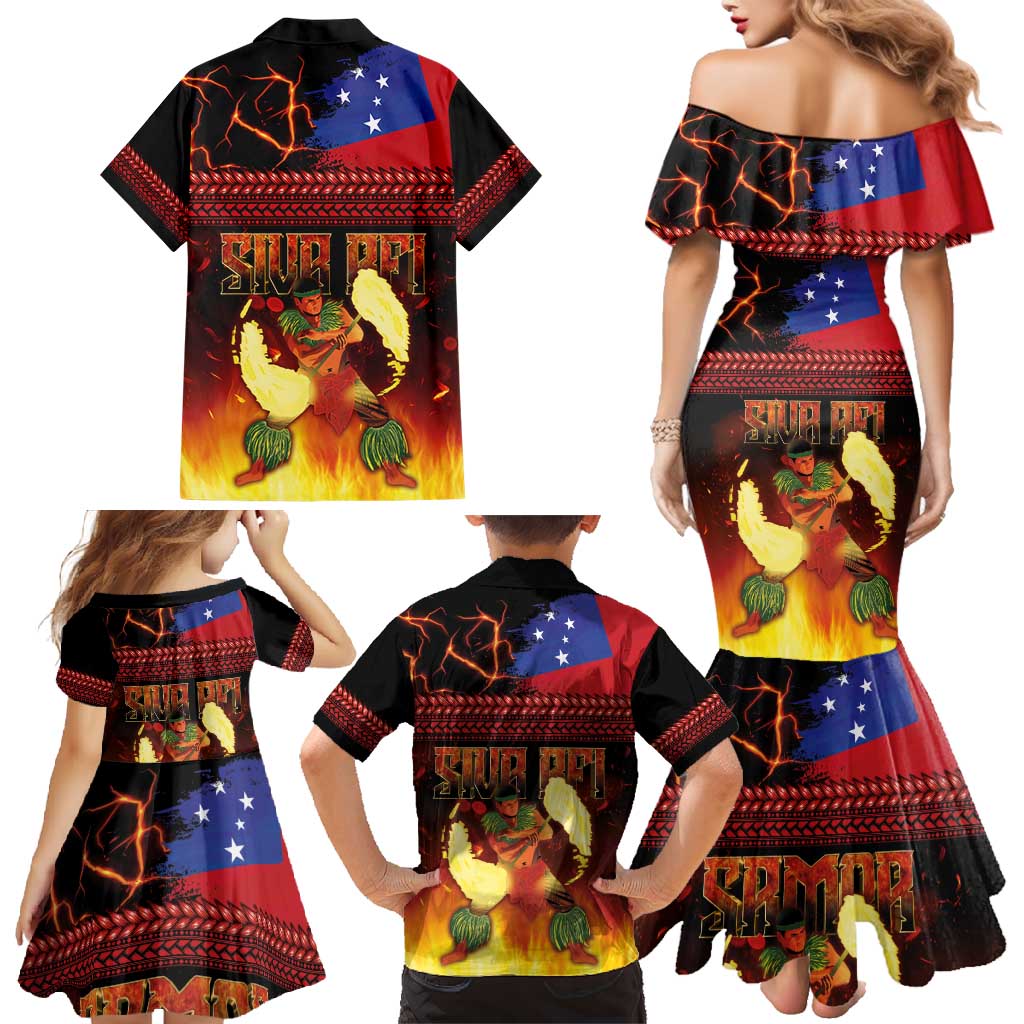 Samoan Siva Afi Family Matching Mermaid Dress and Hawaiian Shirt Tribal Performers of Samoan Fire Knife Dancing