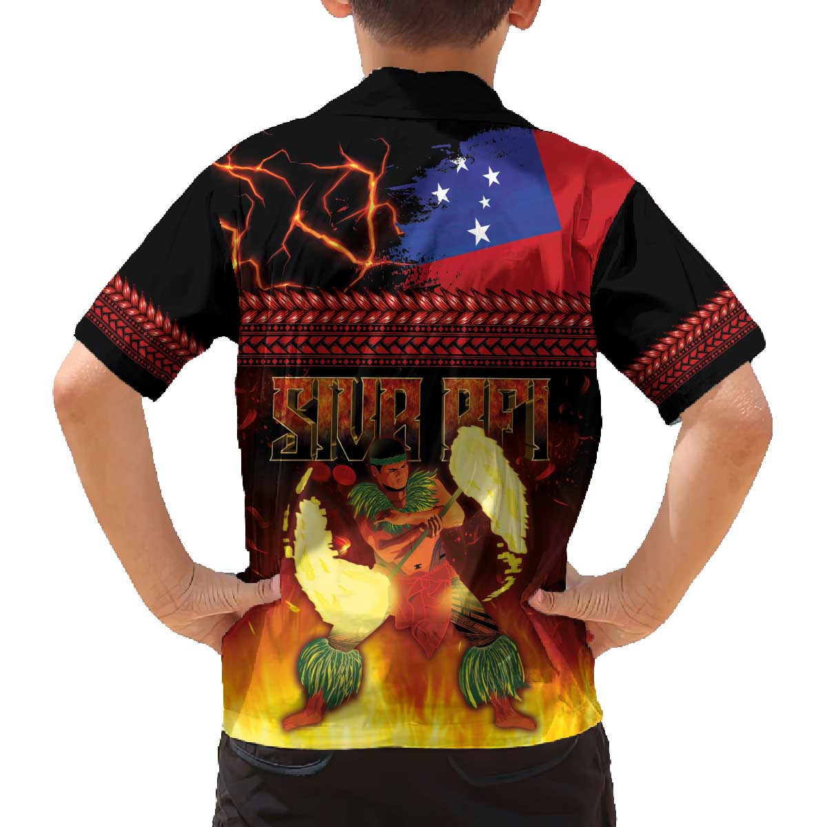 Samoan Siva Afi Family Matching Off The Shoulder Long Sleeve Dress and Hawaiian Shirt Tribal Performers of Samoan Fire Knife Dancing