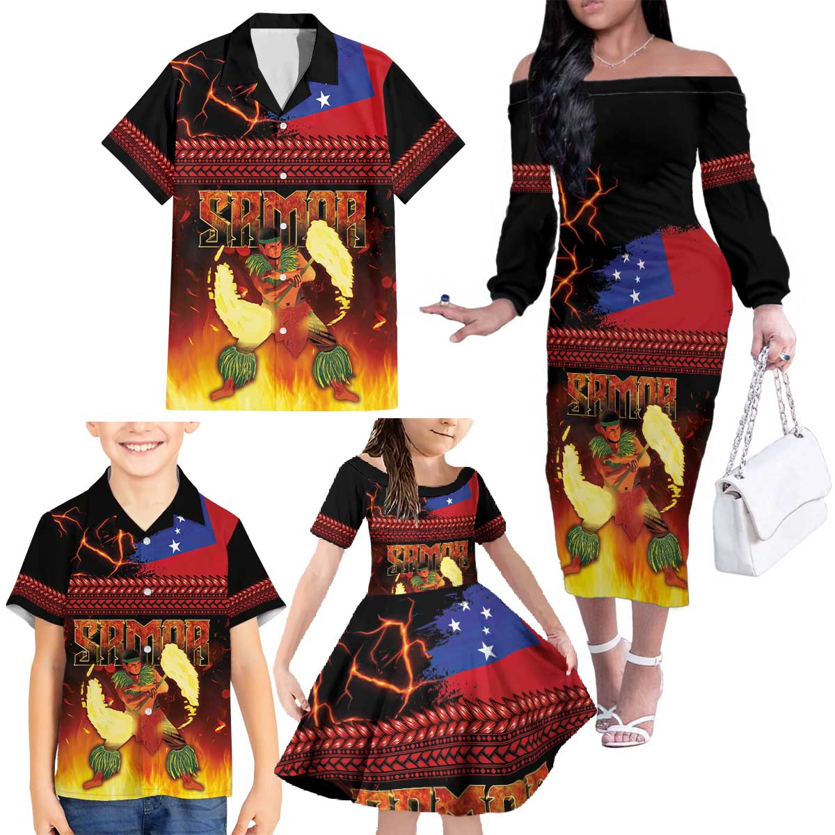 Samoan Siva Afi Family Matching Off The Shoulder Long Sleeve Dress and Hawaiian Shirt Tribal Performers of Samoan Fire Knife Dancing