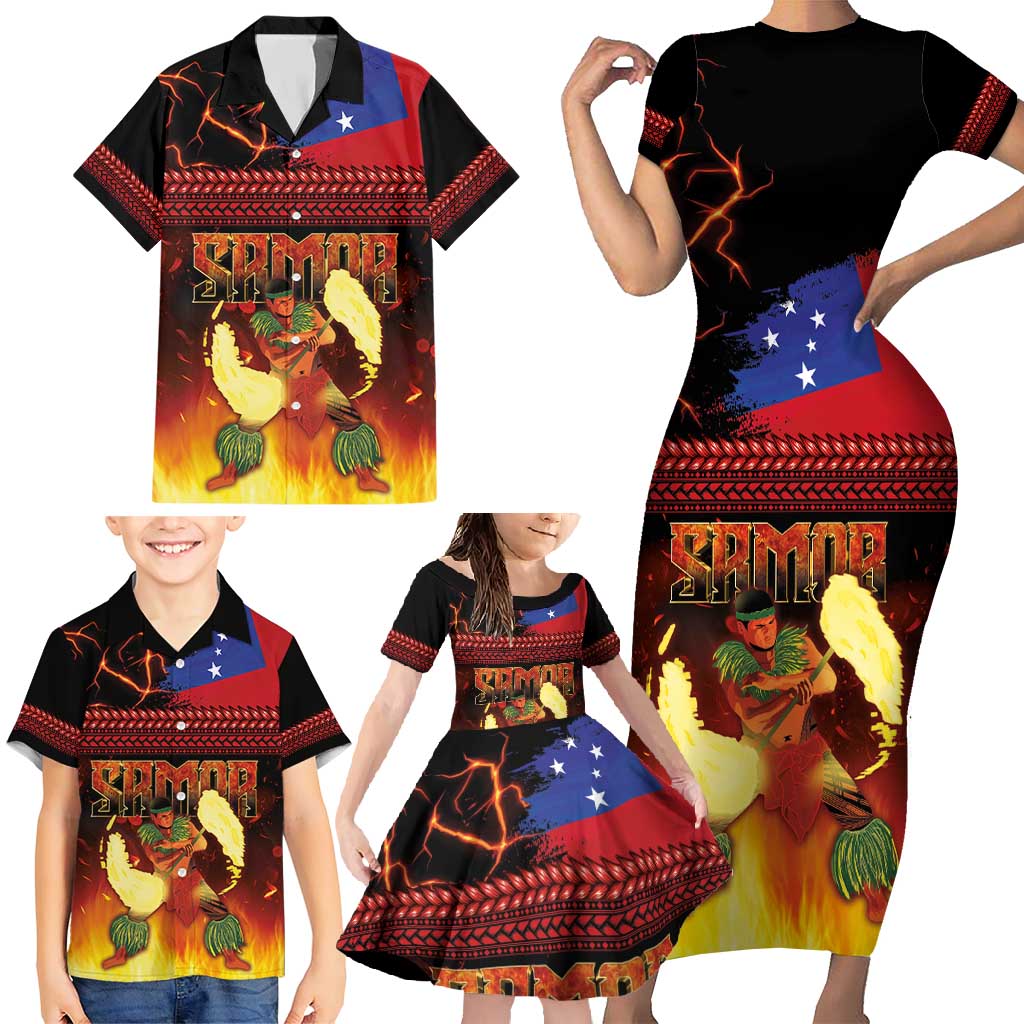 Samoan Siva Afi Family Matching Short Sleeve Bodycon Dress and Hawaiian Shirt Tribal Performers of Samoan Fire Knife Dancing